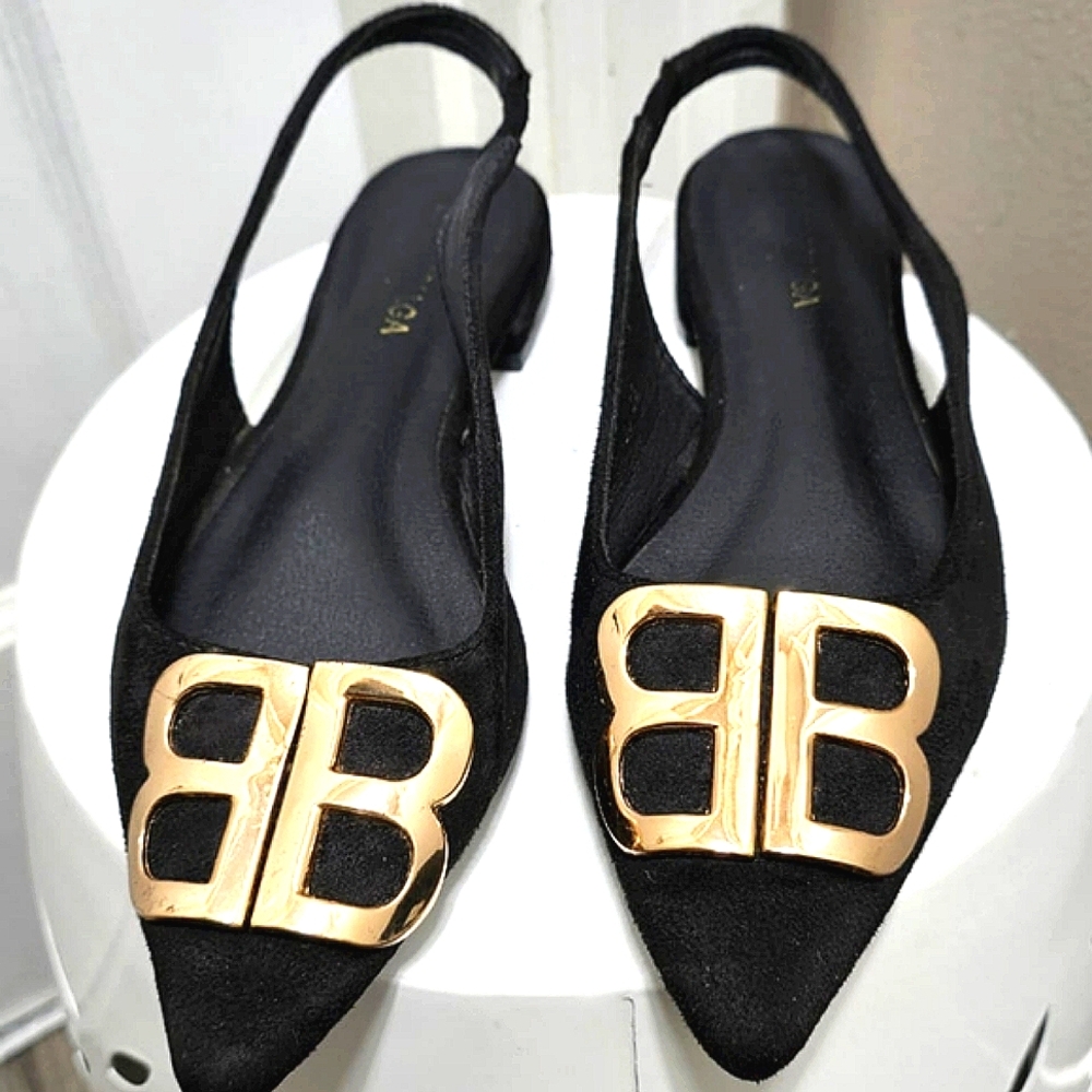 Balenciaga BB Velvet Slingback Pointy Toe Black Flats